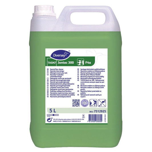 Ein 5-Liter-Kunststoffbehälter mit TASKI Jontec 300 Neutraler Fußbodenunterhaltsreiniger von Diversey Deutschland GmbH & Co. OHG, ideal für wasserbeständige Oberflächen. Die grüne Flüssigkeit, das Frontetikett, die Anweisungen und der Barcode sind deutlich sichtbar.