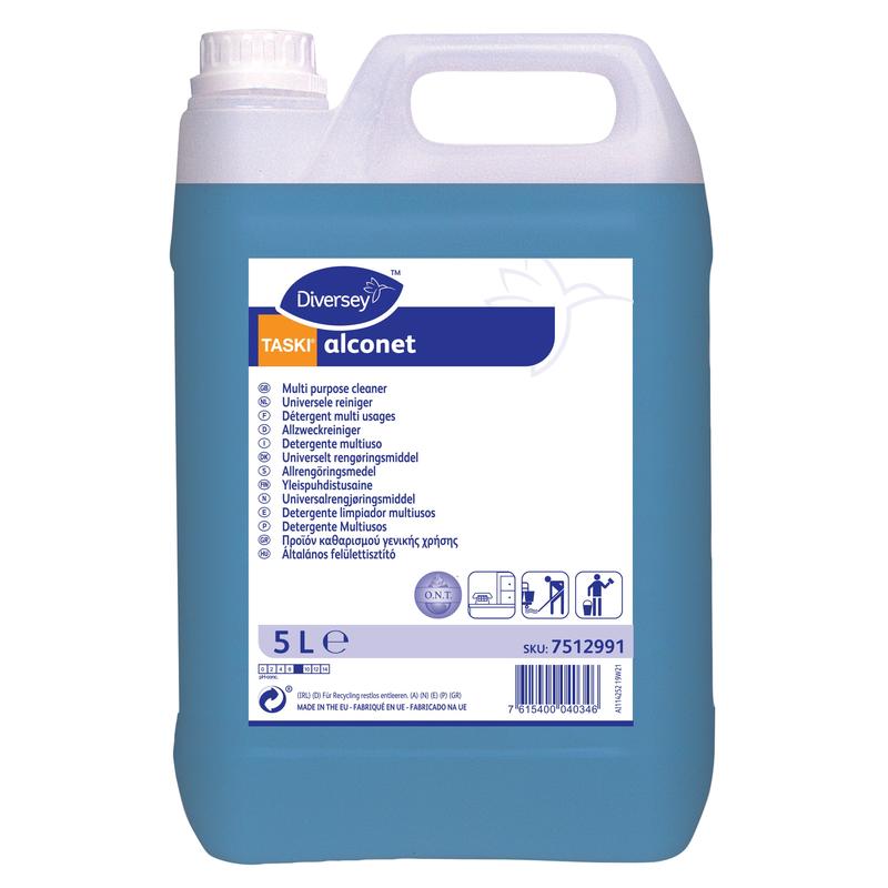 Ein 5-Liter-Behälter TASKI Alconet Mehrzweckreiniger von Diversey Deutschland GmbH & Co. OHG mit blauer Flüssigkeit und einem weißen Etikett mit mehrsprachigen Produktdetails, Symbolen und einem Barcode.