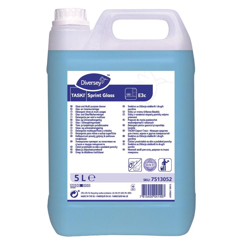 Einem 5-Liter-Behälter des TASKI Sprint Glass Glas- und Oberflächenreinigers der Diversey Deutschland GmbH & Co. OHG, einem blauen Reiniger für streifenfreie Oberflächen, liegt ein Etikett mit Produktdetails, Gebrauchsanweisung und Barcode bei.
