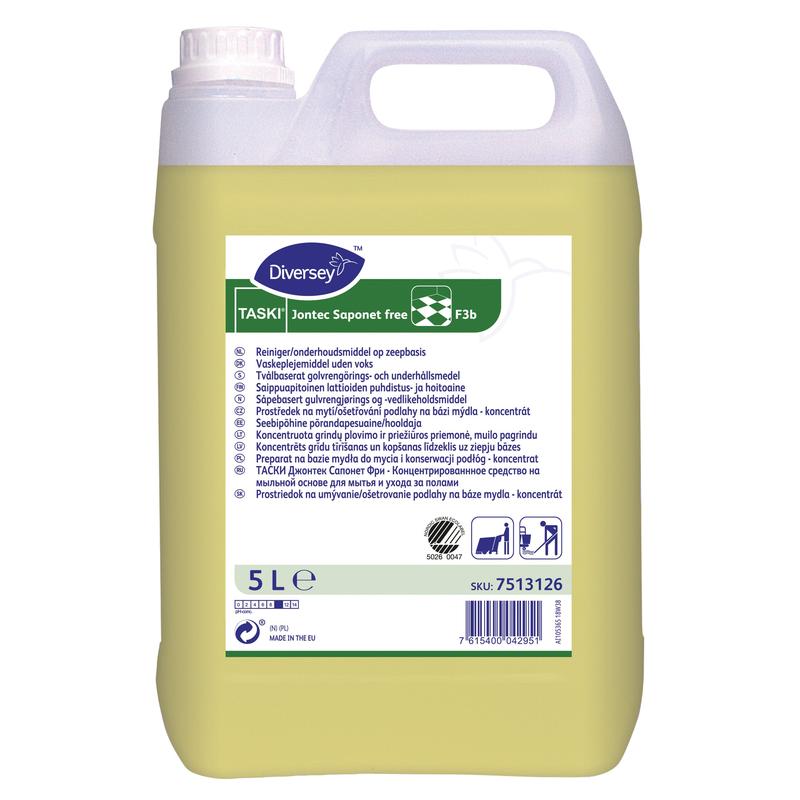Ein 5-Liter-Kanister TASKI Jontec Saponet free Bodenreinigungs- und Pflegemittel von Diversey Deutschland GmbH & Co. OHG, auf Seifenbasis, mit weißem Verschluss und mehrsprachigem Etikett mit Symbolen für natürliche Seifenformulierungen.
