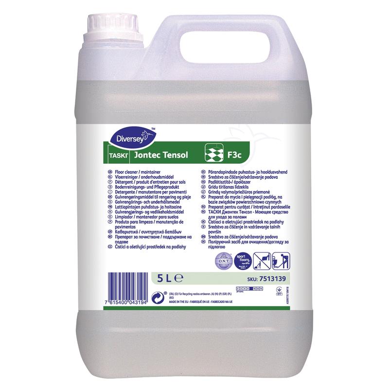 Ein 5-Liter-Kunststoffbehälter TASKI Jontec Tensol Bodenpflege-Reiniger der Diversey Deutschland GmbH & Co. OHG mit weißem Schraubverschluss und grün-weißem Etikett mit mehrsprachiger Anleitung zur effektiven Bodenreinigung.