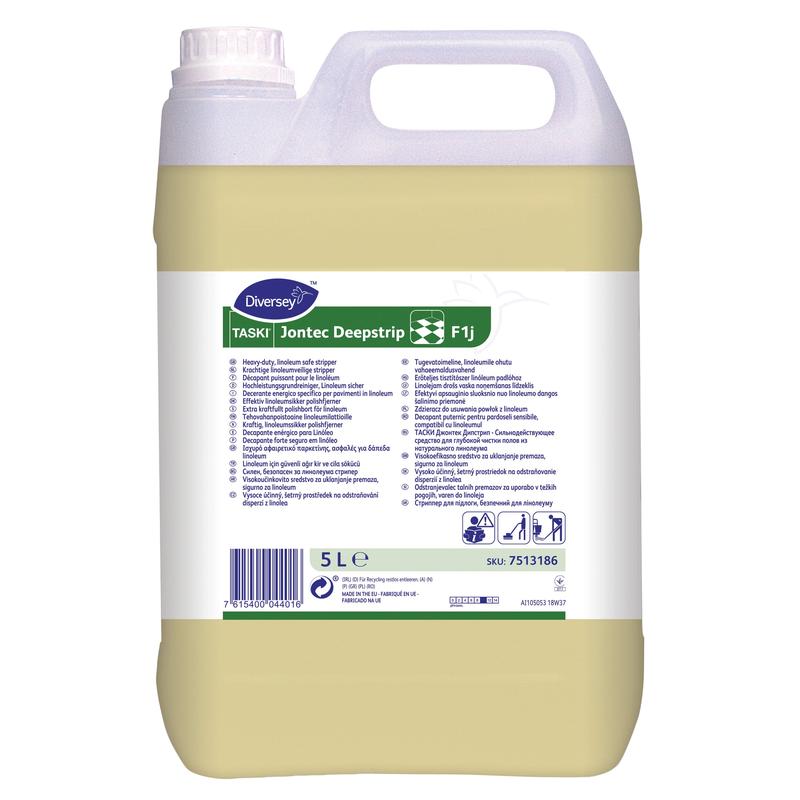 Ein 5-Liter-Kanister Diversey TASKI Jontec Deepstrip, ein leistungsstarker lösemittelhaltiger Reiniger für Linoleumböden, von Diversey Deutschland GmbH & Co. OHG, mit Griff und Schraubverschluss, weiß-grünes Etikett in verschiedenen Sprachen.
