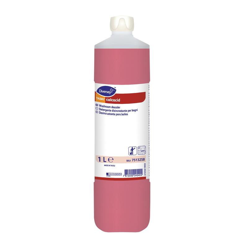 Eine 1-Liter-Flasche TASKI Calcacid Sanitärgrundreiniger von Diversey Deutschland GmbH & Co. OHG, ein rosafarbener flüssiger Entkalker und Badreiniger mit weißem Verschluss und mehrsprachigem Etikett.