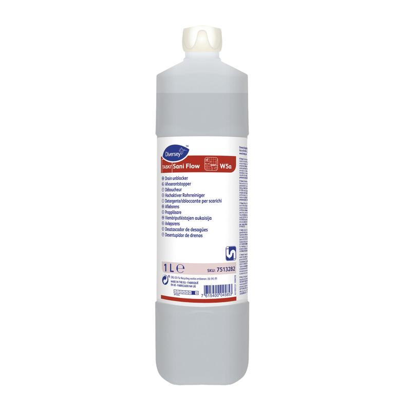 Eine 1-Liter-Flasche TASKI Sani Flow, ein hochaktiver, hochalkalischer Rohrreiniger von Diversey Deutschland GmbH & Co. OHG, mit mehrsprachigem Etikett und weißem Verschluss. Die klare Flüssigkeit beseitigt effizient Verstopfungen.