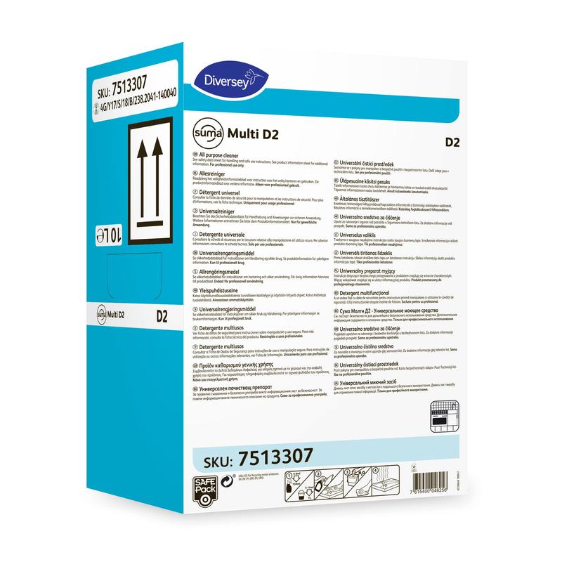 Eine weiß-blaue Box mit der Aufschrift „Suma Multi D2, Universalreiniger, aluminiumsicher“ der Diversey Deutschland GmbH & Co. OHG (SKU 7513307), mit mehrsprachiger Anleitung sowie Gefahren- und Recyclingsymbolen auf der Vorderseite.