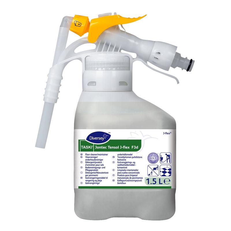 Ein 1,5-Liter-Behälter aus weißem Kunststoff mit TASKI Jontec Tensol Hochkonzentrat-Reiniger von Diversey Deutschland GmbH & Co. OHG, mit einer gelben Sprühdüse und einem Etikett mit Produktdetails und Gebrauchsanweisungen.