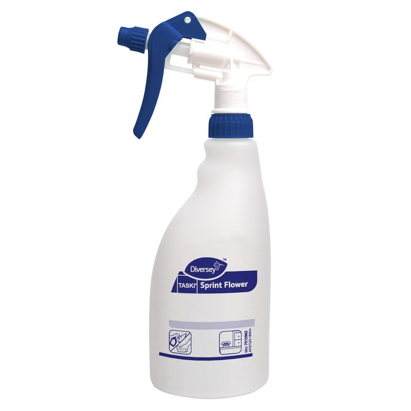 Eine weiße Kunststoff Triggersprayflasche, beschriftet mit "Sprint Flower" von Diversey Deutschland GmbH & Co. OHG, mit einem blauen Sprühkopf (0,5L). Piktogramme und Text auf der Vorderseite geben Hinweise zur Reinigung. Geliefert in einem Karton mit 5 Flaschen.