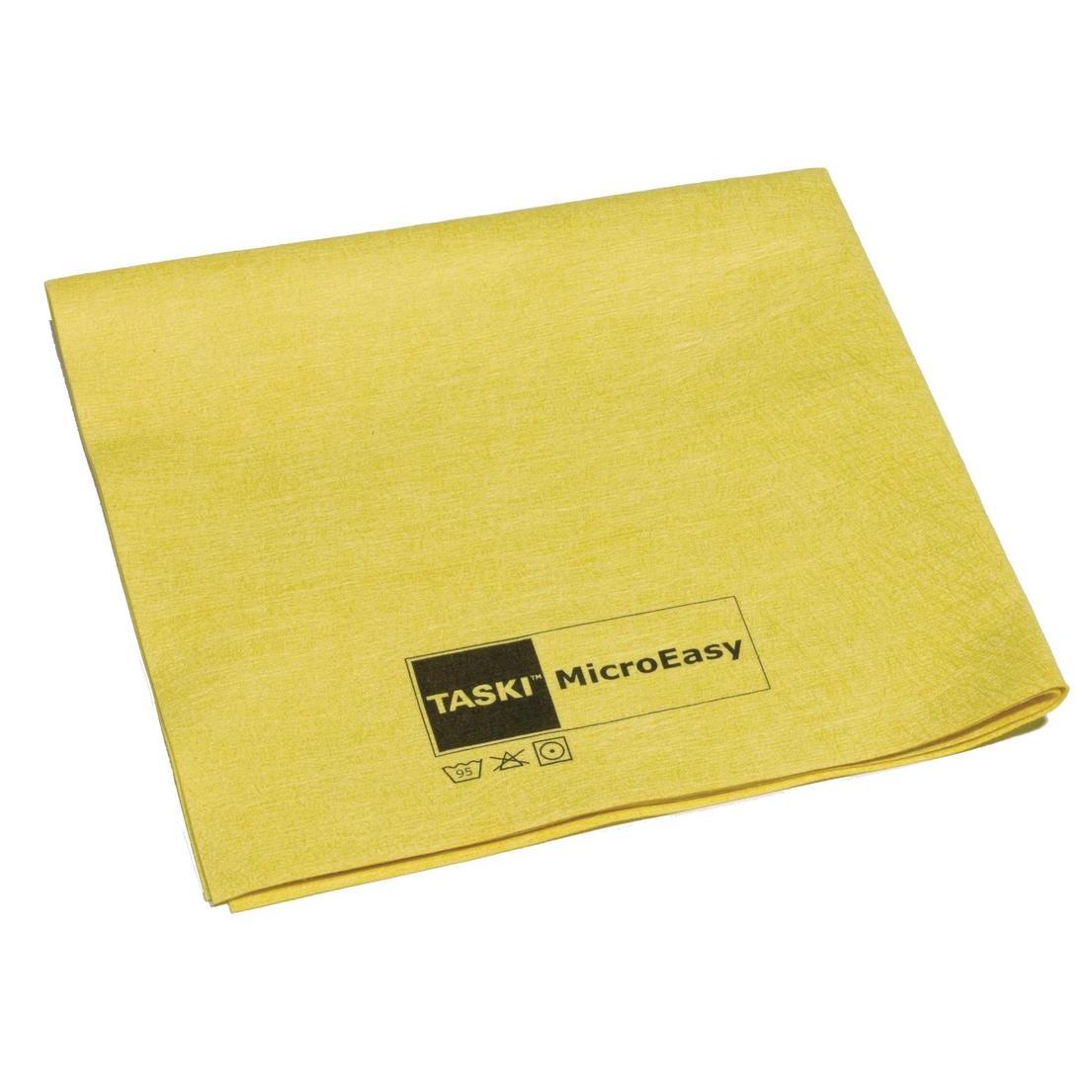 Ein gefaltetes gelbes TASKI MicroEasy Mikrofasertuch 38x37 cm von Diversey Deutschland GmbH & Co. OHG, mit auf einer Ecke aufgedrucktem „TASKI MicroEasy“ und Pflegesymbolen.