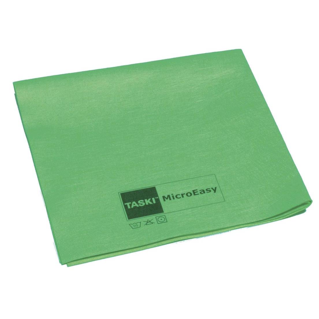 Das TASKI MicroEasy Mikrofasertuch 38x37 cm der Diversey Deutschland GmbH & Co. OHG ist ein grünes Mikrofasertuch mit Wäschesymbolen und fortschrittlicher Mikrofasertechnologie für effizientes Reinigen.