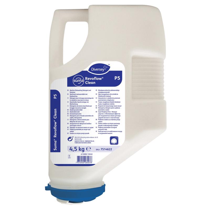 Eine weiße Kunststoffkartusche mit 4,5 kg von Diversey Suma Revoflow Clean P5, einem chlorhaltigen Reiniger für hartes Wasser von Diversey Deutschland GmbH & Co. OHG, mit blauem Deckel und Griff und mehrsprachigem Etikett.