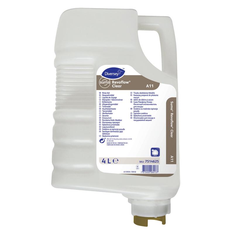 Eine 4-Liter-Kartusche aus weißem Kunststoff von Suma Revoflow Clear A11, Saurer Klarspüler von Diversey Deutschland GmbH & Co. OHG, mit Griff, Ausgießer und einem Etikett mit Verwendungszweck, Gebrauchsanweisung und Sicherheitsinformationen in blauer und lila Schrift.