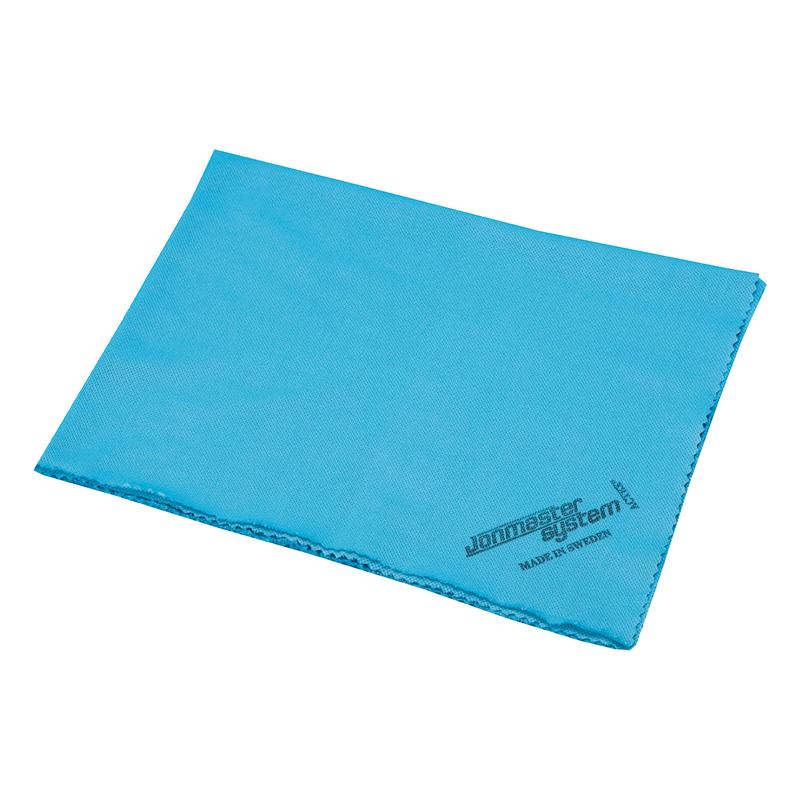 Ein blaues, rechteckiges Jonmaster Ultra Window Tuch (40 x 50 cm) von Diversey Deutschland GmbH & Co. OHG, aus spezieller Mikrofaser für die streifenfreie Reinigung von Glasflächen, mit sauber verarbeiteten Kanten und dem Aufdruck "Jonmaster System" in einer Ecke. Packung mit 5 Stück.