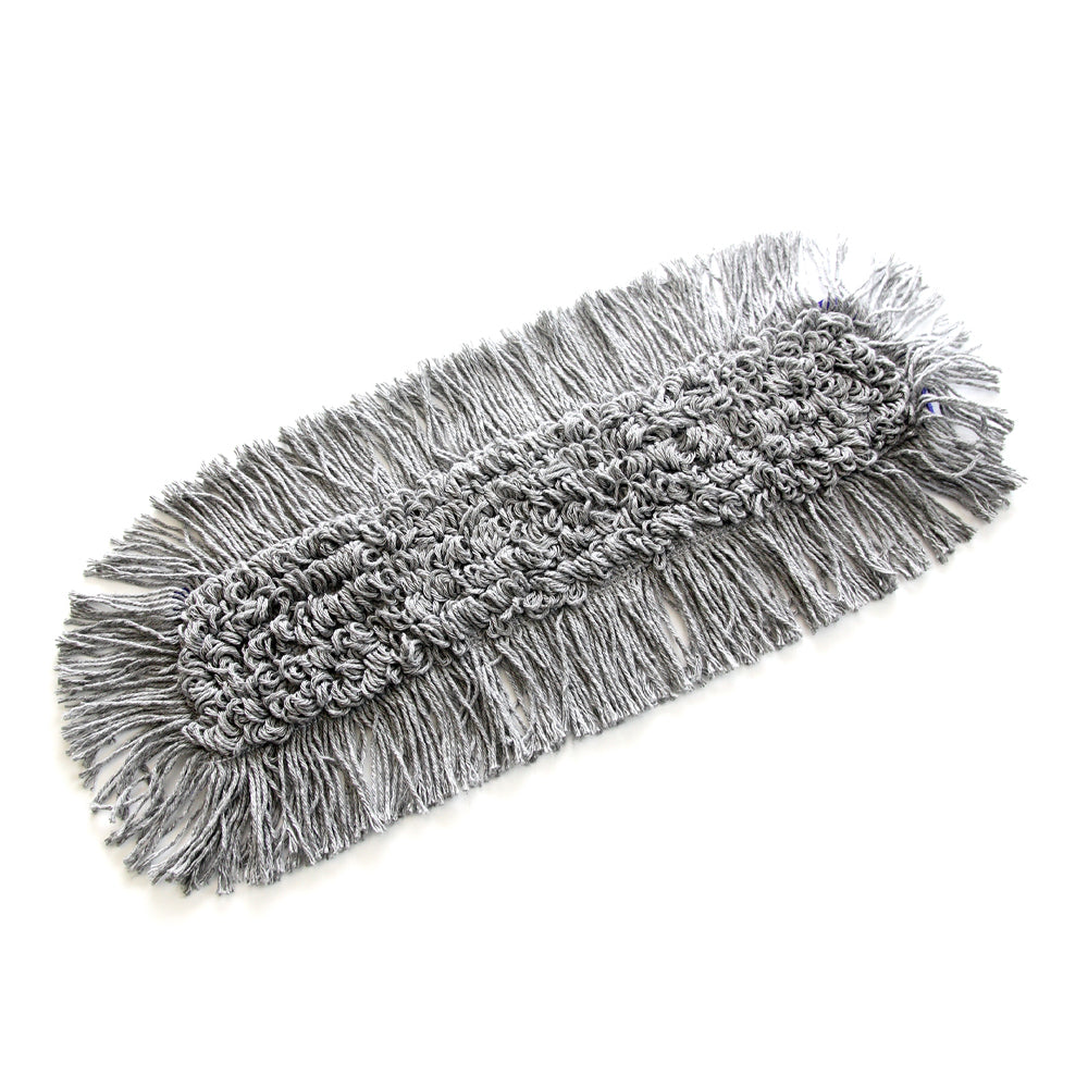 Der TASKI Jonmaster Allround Mop von Diversey Deutschland GmbH & Co. OHG ist ein rechteckiger grauer Moppkopf mit Fransenkanten und einem zentralen gewebten Mikrofaserabschnitt, flach auf weißem Hintergrund dargestellt für effiziente Reinigung.