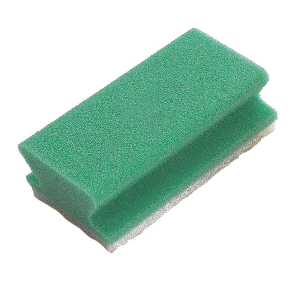 Ein TASKI Schwamm Padschwamm 10Stk. von Diversey Deutschland GmbH & Co. OHG mit grüner Scheuerseite und weißer Schwammunterlage liegt auf schlichtem, weißem Hintergrund.