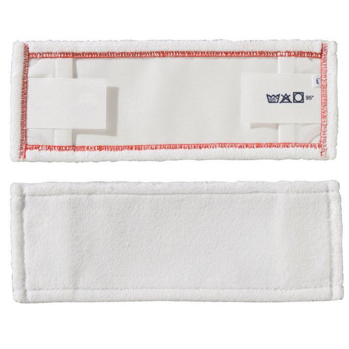 Zwei rechteckige weiße TASKI MicroEasy Micro Mop-Pads von Diversey Deutschland GmbH & Co. OHG; ein Pad mit der Vorderseite nach oben, das andere mit der Rückseite nach oben, mit Pflegesymbolen und zwei Befestigungsstreifen für streifenfreie Reinigung.