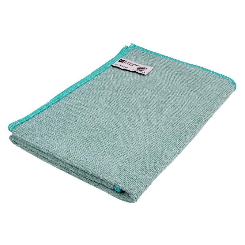 Ein gefaltetes hellgrünes TASKI Jonmaster Ultra Cloth Reinigungstuch 32x32 cm von Diversey Deutschland GmbH & Co. OHG, mit türkisfarbener Randnaht und einem weißen Ecketikett, auf einem schlichten weißen Hintergrund für streifenfreie Ergebnisse.