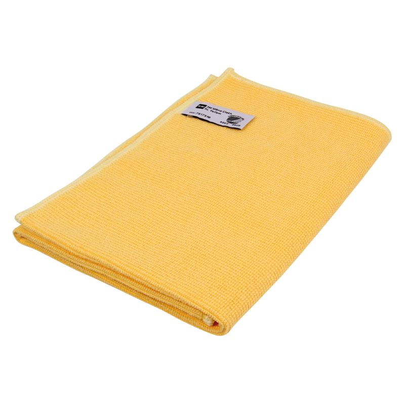Ein gefaltetes gelbes TASKI Jonmaster Ultra Cloth Reinigungstuch 32x32 cm von Diversey Deutschland GmbH & Co. OHG mit einem rechteckigen Etikett an einer Ecke, angezeigt auf weißem Hintergrund – perfekt für streifenfreie Ergebnisse.