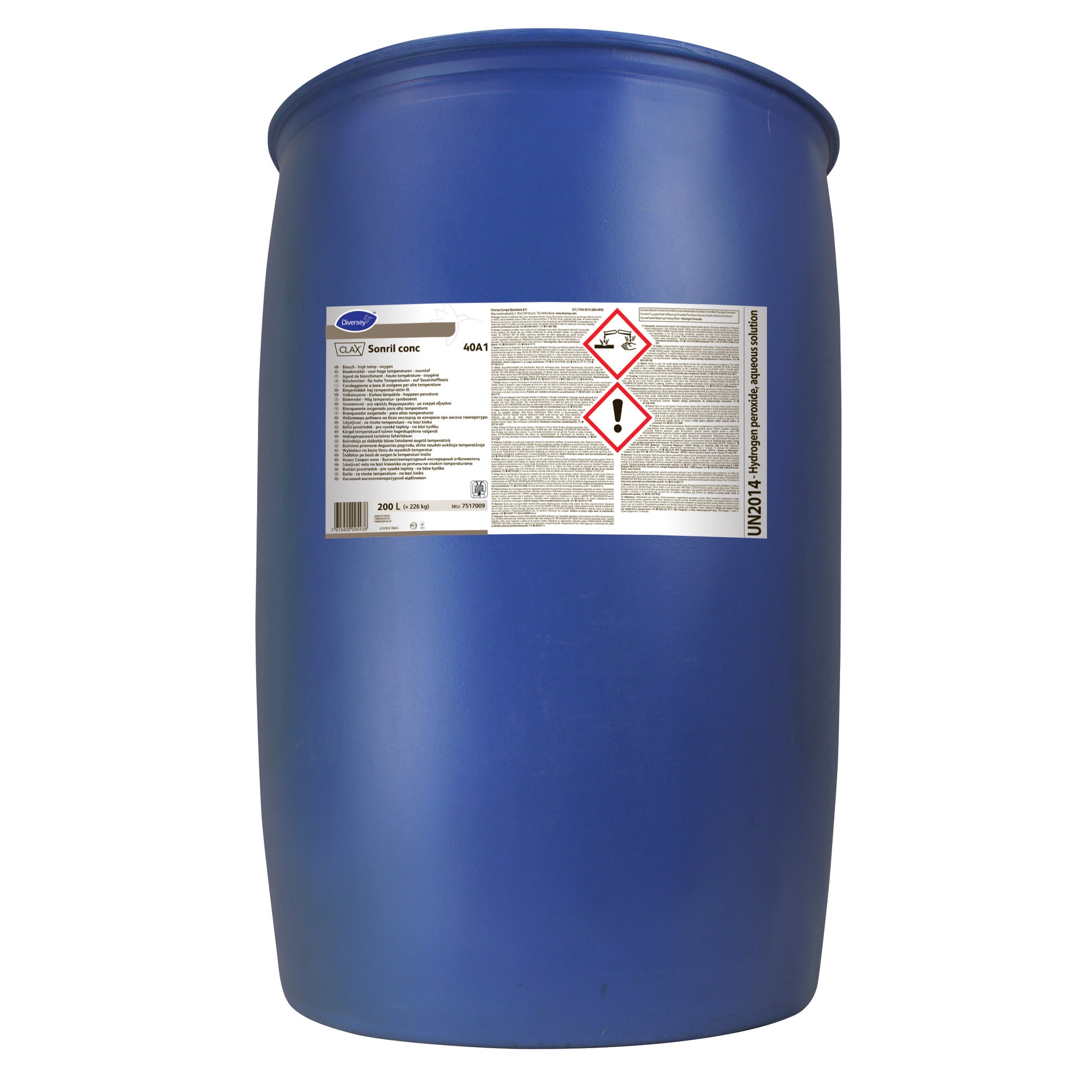 Eine große blaue Industrie-Kunststofftrommel mit der Aufschrift „Clax Sonril Conc40A1 Sauerstoffbleiche“ von Diversey Deutschland GmbH & Co. OHG, ideal für den Wäschegebrauch, um strahlend weiße Wäsche zu erzielen und hartnäckige Flecken zu entfernen.