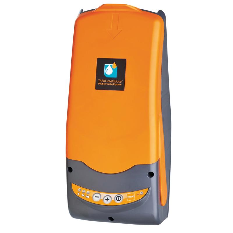 Die TASKI IntelliDose swingo 755/855/1255 von Diversey Deutschland GmbH & Co. OHG ist ein Dosiersystem für Scheuersaugmaschinen mit Radantrieb, wandmontiert in orange und grau mit mehreren Tasten und Kontrollleuchten auf der Frontplatte.