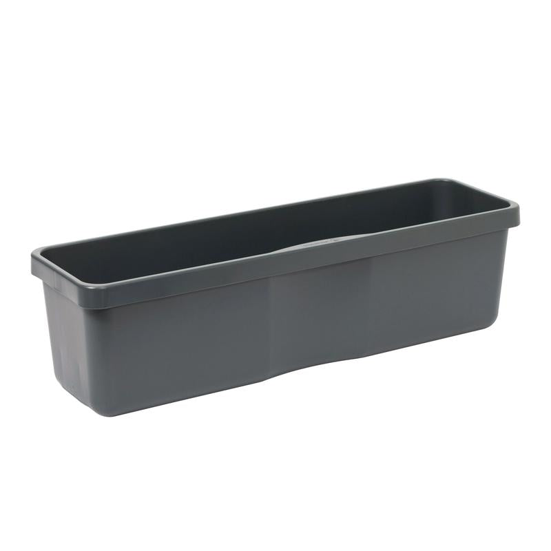 Eine rechteckige, dunkelgraue TASKI Mopp-Box ohne Deckel aus Kunststoff der Diversey Deutschland GmbH & Co. OHG, konzipiert für die professionelle Reinigung, mit geraden Seiten und abgerundeten Ecken, ist leer vor einem weißen Hintergrund abgebildet.