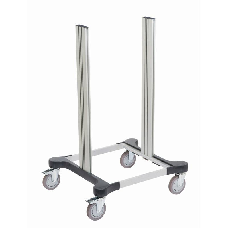 Das TASKI Fahrgestell Mini, Grundgestell mittel (1 Stück) von Diversey Deutschland GmbH & Co. OHG verfügt über vier Aluminiumsäulen, ein rechteckiges Grundgestell und Lenkrollen - ideal für professionelles Reinigungszubehör. Abgebildet auf einfarbig weißem Hintergrund.