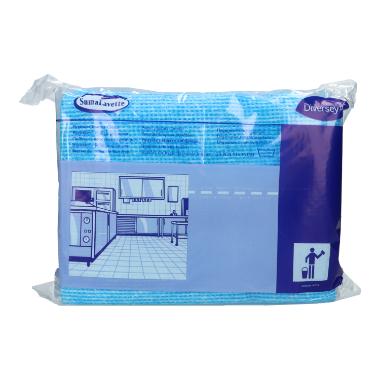 Ein verpacktes Set blauer Suma Lavette – Küchenhygienetücher mit Keimstopp von Diversey Deutschland GmbH & Co. OHG, mit einer Großküchenillustration und einem Entsorgungssymbol. Hergestellt aus Mikrofaser für optimale Sauberkeit.