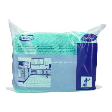 In einem transparenten Plastikbeutel befindet sich das Suma Lavette – Küchenhygienetuch mit Keimstopp von Diversey Deutschland GmbH & Co. OHG, mit blau-weißer Beschriftung, Produktbranding und einer Küchenillustration.