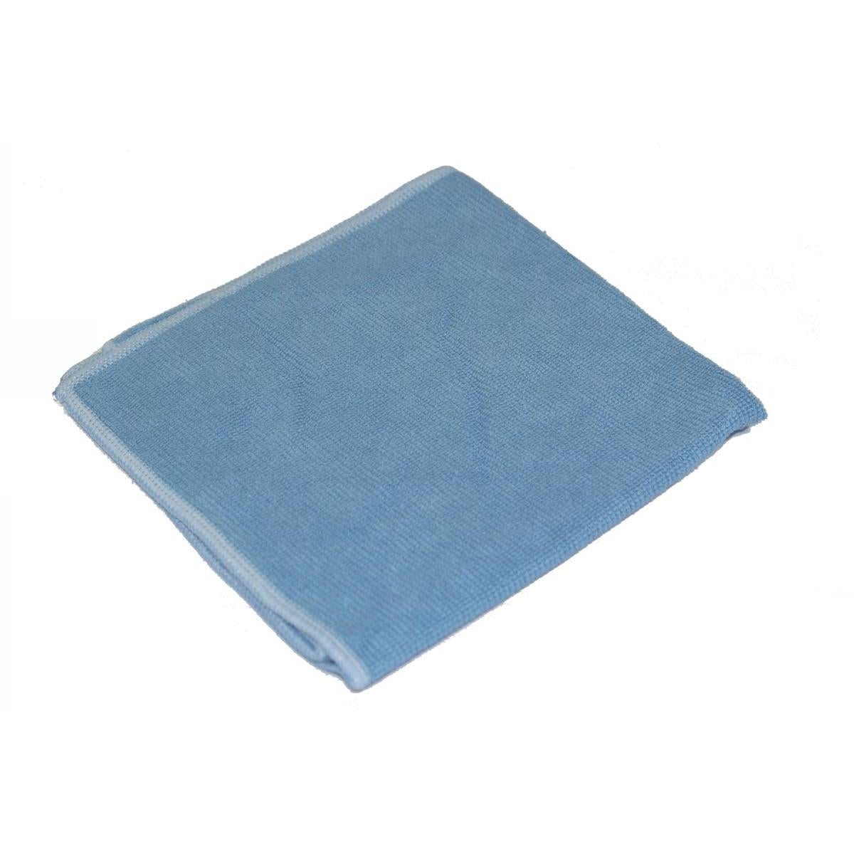 Ein ordentlich gefaltetes blaues TASKI Jonmaster Ultra Cloth XL Reinigungstuch 40x40 cm von Diversey Deutschland GmbH & Co. OHG, aus hochwertiger Mikrofaser mit weißen Nähten auf weißem Hintergrund.
