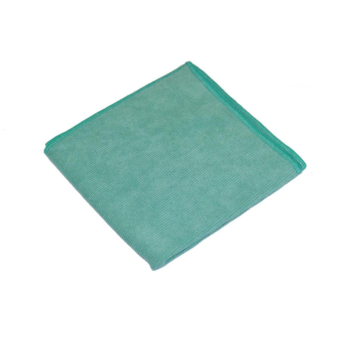 Ein grünes TASKI Jonmaster Ultra Cloth XL Reinigungstuch 40x40 cm von Diversey Deutschland GmbH & Co. OHG mit genähten Kanten wird gefaltet auf weißem Hintergrund präsentiert.