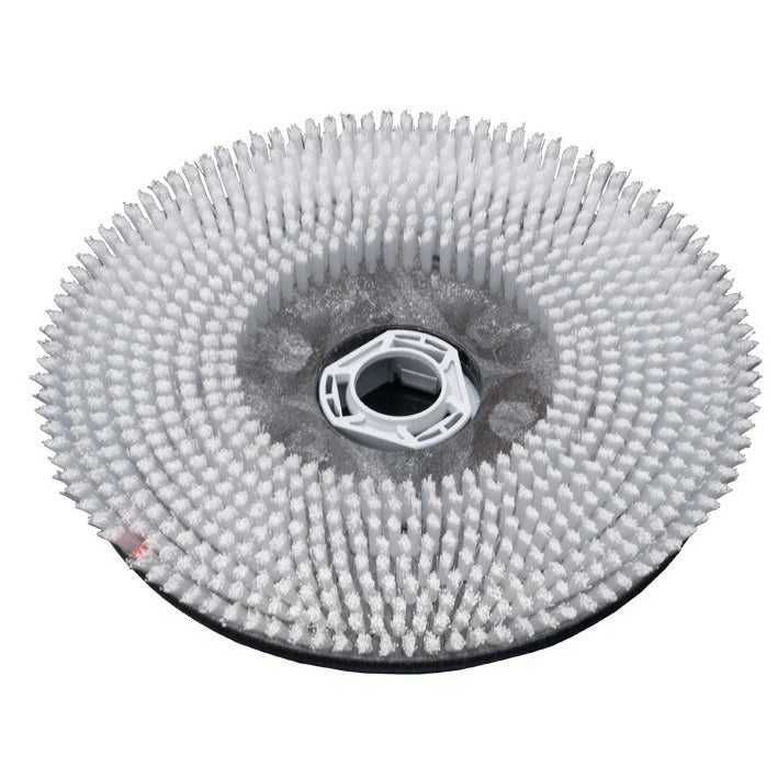 Die Diversey Scheuerbürste Nylon (43 cm) für swingo 1850 & 4000 hat dichte, weiße Borsten in konzentrischen Kreisen mit einem Kunststoffkern. Abgebildet vor einem weißen Hintergrund. 1 Stück, Standardscheuerbürste von Diversey Deutschland GmbH & Co. OHG.