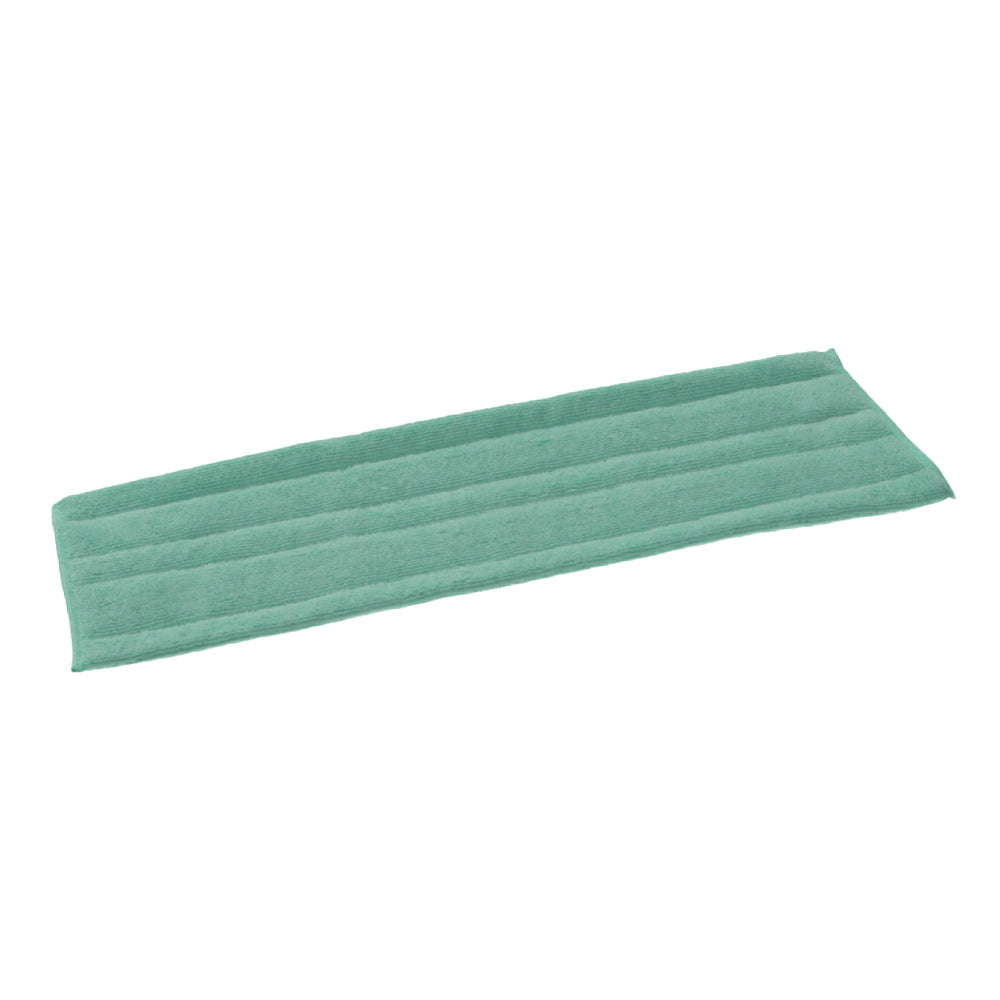 Ein rechteckiger grüner TASKI Jonmaster Standard Dry Mop Klett-Mikrofaserbezüge von Diversey Deutschland GmbH & Co. OHG mit waagerechten Nähten und sicherem Klettverschluss, flach auf weißem Hintergrund abgebildet.