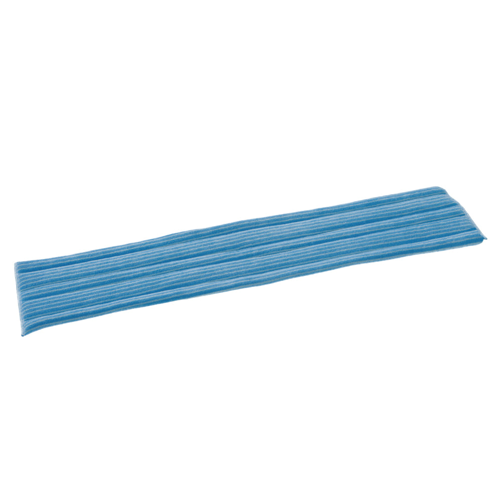 Der TASKI Jonmaster Standard Damp Mop Klett-Mikrofaserbezüge von Diversey Deutschland GmbH & Co. OHG ist ein langes, rechteckiges blau-weißes Mikrofasertuch für gründliches, effizientes Reinigen, flach auf weißem Hintergrund abgebildet.