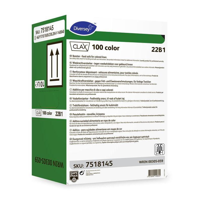 Eine weiße Schachtel Clax 100 Farbe 22B1 Waschkraftverstärker von Diversey Deutschland GmbH & Co. OHG mit grünem und schwarzem Text, mehrsprachigen Produktinformationen, SKU-/WRIN-Nummern und grünen Pfeilen, die die richtige aufrechte Position anzeigen.