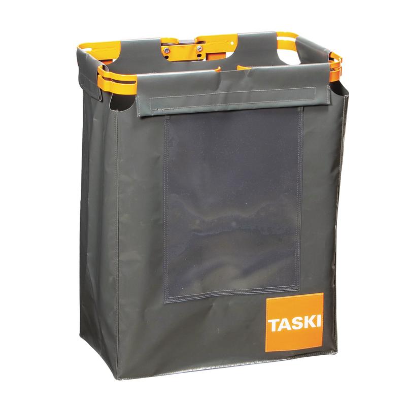 Der TASKI Übersack für Abfallsäcke von Diversey Deutschland GmbH & Co. OHG ist ein rechteckiger, dunkelgrauer Stoffbehälter mit orangefarbenen Griffen, einem orangefarbenen Rahmen, einer durchsichtigen Vordertasche und einem TASKI-Etikett - perfekt für die hygienische Abfallentsorgung.