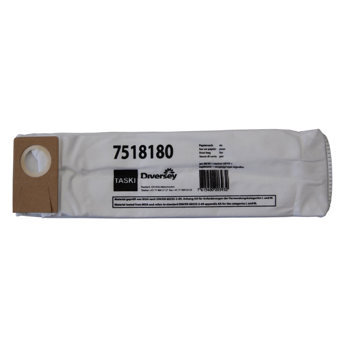 Ein weißer Einwegvliesbeutel Staubsaugerbeutel von Diversey Deutschland GmbH & Co. OHG, mit Kartonaufsatz und Produktinformation, für Jet 38/50; 10er-Pack (Karton) ideal für die Reinigung.