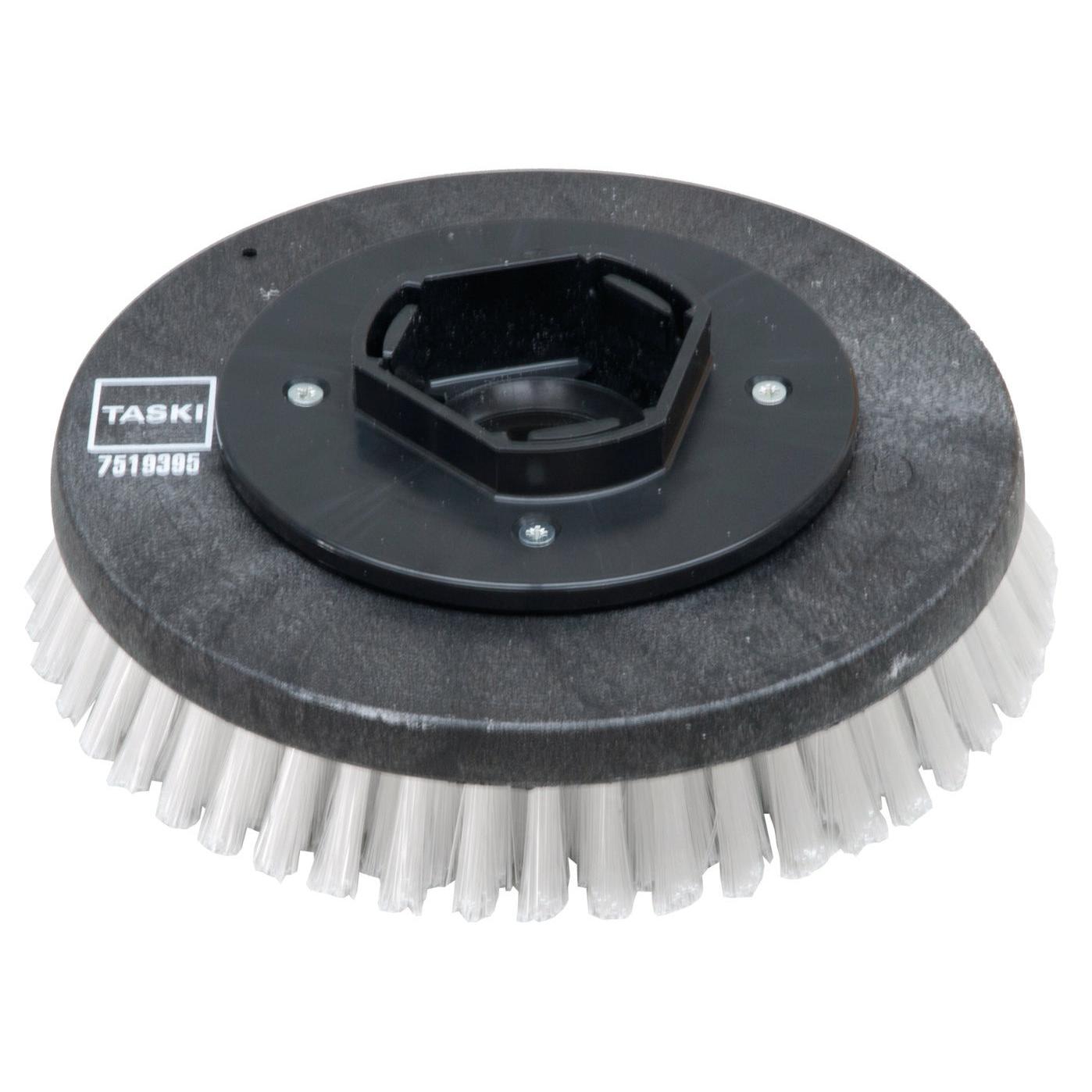 Eine runde schwarze Kunststoff Scheuerbürste Nylon (28 cm) von Diversey Deutschland GmbH & Co. OHG, mit steifen weißen Borsten, passend für swingo 955/1255/2100/5000 zur gründlichen Reinigung - Standardscheuerbürste, 1 Stück pro Packung.