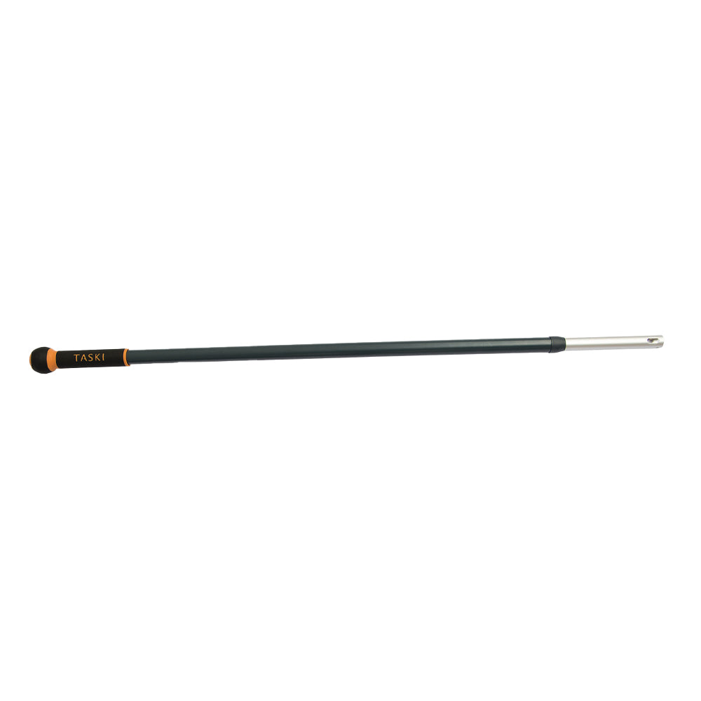 Der TASKI Jonmaster UltraPlus Teleskopstiel Aluminium von Diversey Deutschland GmbH & Co. OHG verfügt über ein schwarz-silbernes Design, ein orangefarbenes Logo neben dem schwarzen Griff, einen Metallstecker und ist für professionelle Reinigungsanwendungen geeignet.