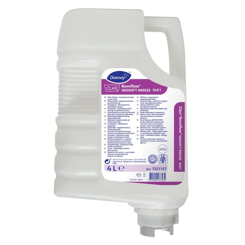 Ein weißer 4-Liter-Kunststoffbehälter von Clax Deosoft Breeze Weichspüler mit Geruchsneutralisierung von Diversey Deutschland GmbH & Co. OHG, mit geruchsneutralisierender Wirkung, Griff, Ausgießer und einem lila-weißen Etikett mit Anweisungen und Branding.