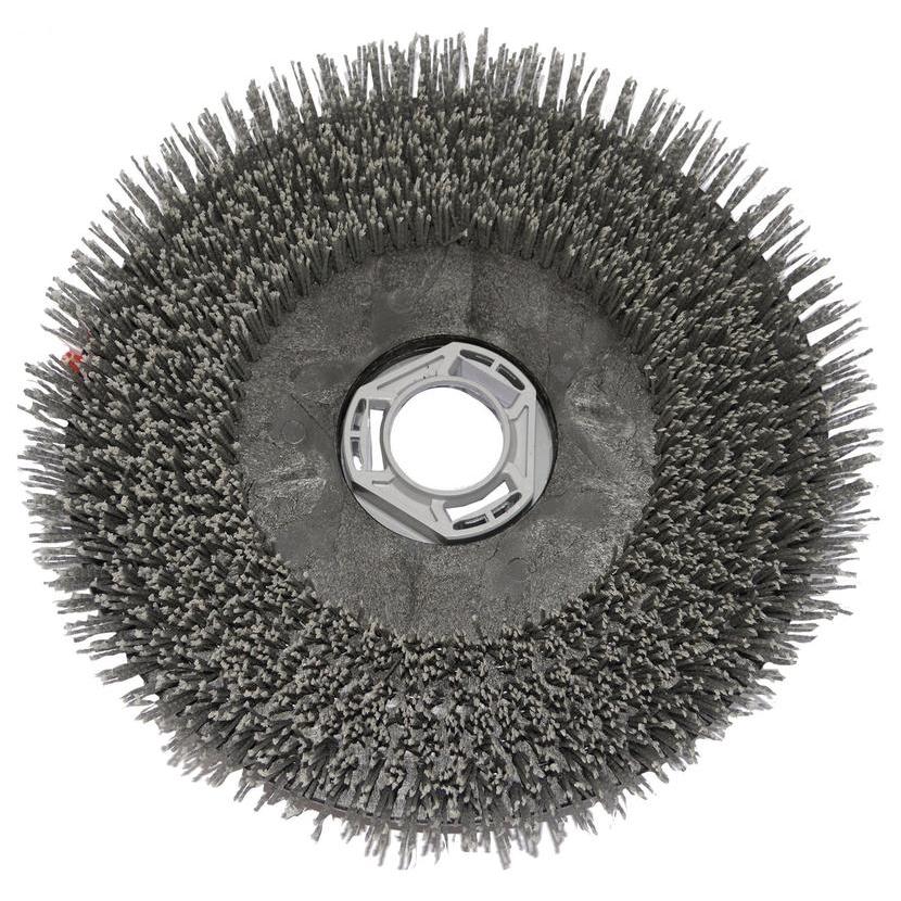 Die Nahaufnahme der Scheuerbürste abrasiv (38 cm) von Diversey Deutschland für swingo XP R zeigt dicht gepackte, steife Borsten, die gleichmäßig um ein zentrales Befestigungsloch aus Kunststoff angeordnet sind. Packung: 1 Stück.