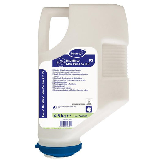 Eine 4,5 kg weiße Kunststoffkartusche Diversey Suma Revoflow Max Pur Eco 0P P2, ein umweltfreundlicher, chlorfreier, phosphatfreier Hochleistungs-Geschirrreiniger mit blauem Deckel und detailliertem Etikett.