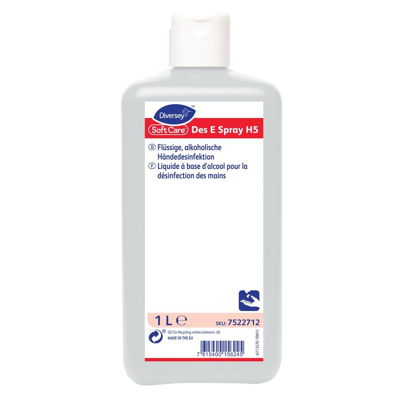 Eine weiße 1-Liter-Flasche Soft Care Des E Spray H5 von Diversey Deutschland GmbH & Co. OHG, mit blauem Verschluss und Etikett in Deutsch und Französisch. Alkoholbasierte, effektive Handdesinfektion – ideal für unterwegs.