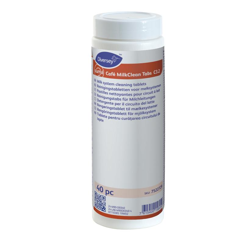 Ein weißer zylindrischer Behälter mit der Aufschrift "Suma Café MilkCleanTabs C3.2" von Diversey Deutschland GmbH & Co. OHG, enthält 40 Milchsystem-Reinigungstabs für die Reinigung der Milchsysteme von Kaffeemaschinen. Auf der Vorderseite sind mehrere Sprachen angegeben.