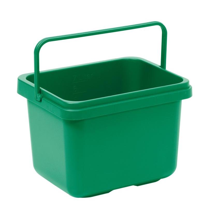 Der TASKI Tucheimer 7L der Diversey Deutschland GmbH & Co. OHG ist ein grüner, rechteckiger Kunststoffeimer mit passendem Griff und Innenmaßmarkierungen, ideal für die Haushaltsreinigung. Abbildung leer auf weißem Hintergrund.