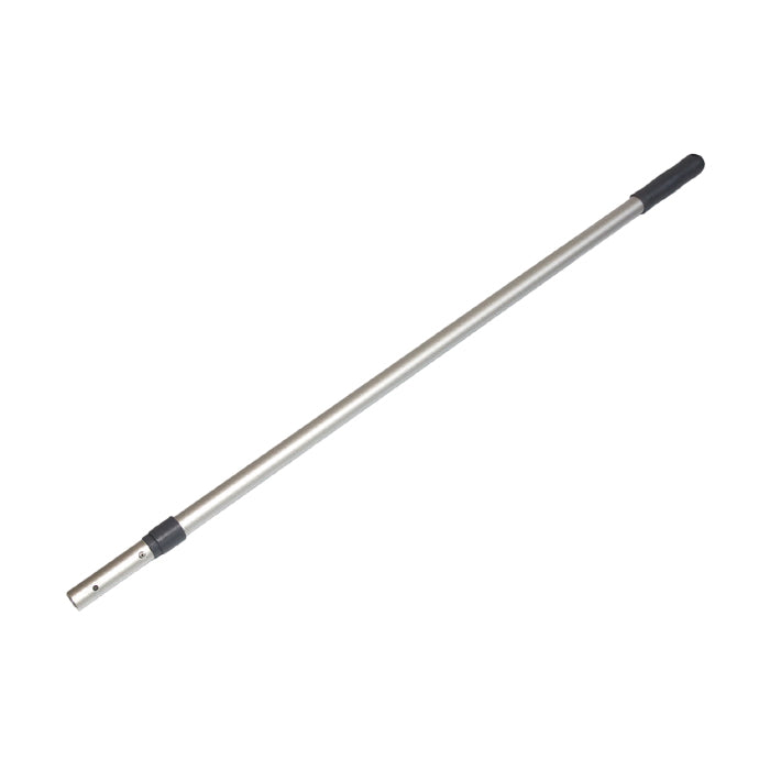 Der TASKI Vario Stiel, verstellbar, 120-180 cm von Diversey Deutschland GmbH & Co. OHG ist ein Metall-Teleskopstiel mit schwarzem Kunststoffgriff und Befestigungspunkt für Reinigungsstühle, vielseitig einsetzbar, abgebildet vor weißem Hintergrund.