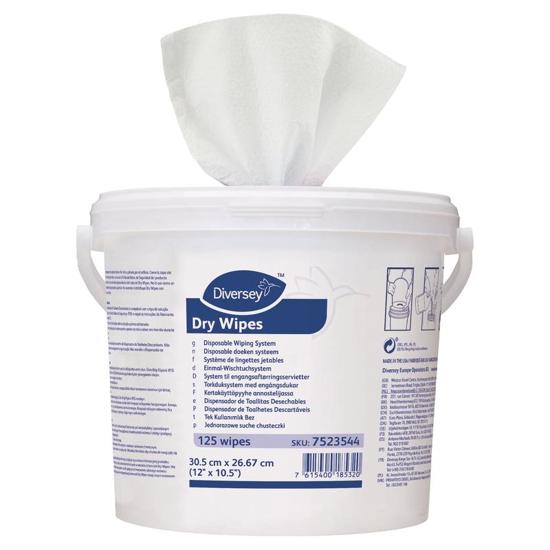 Ein weißer Kunststoffbehälter mit Griff und Deckel enthält Diversey Deutschland GmbH & Co. OHG DI Dry Wipes Einmaltücher, 125 Blatt; das Etikett zeigt Produktinformationen in mehreren Sprachen, wobei ein Tuch ausgegeben wird.