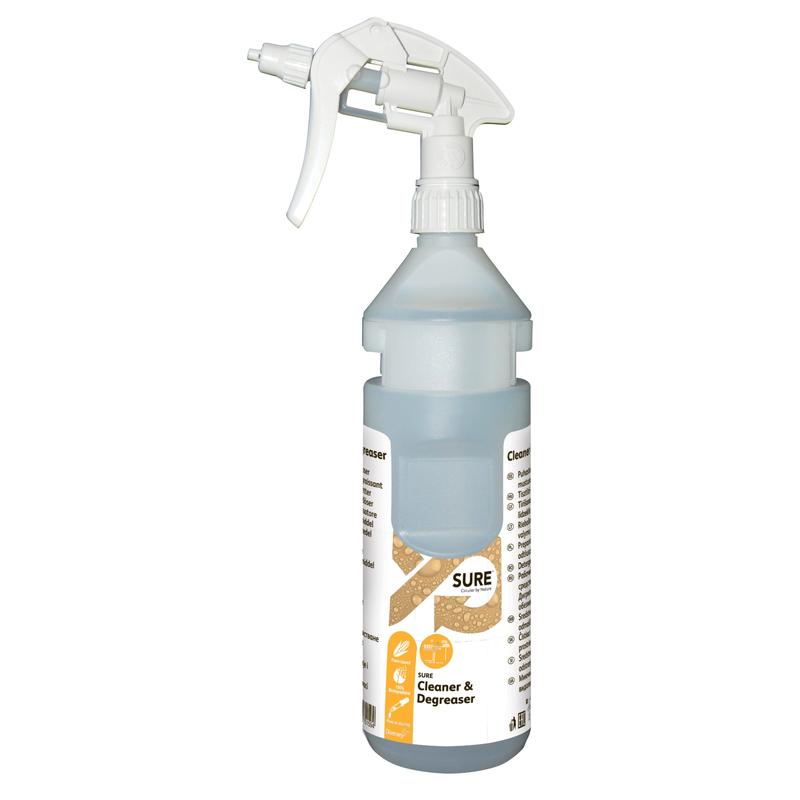 Eine transparente 0,75l "SURE Cleaner & Degreaser" Nachfüllflasche von Diversey Deutschland GmbH & Co. OHG, inkl.. Spenderband, geeignet für Divermite und DQFM; enthält biologisch abbaubares, umweltfreundliches Reinigungsmittel.