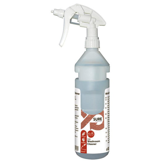 A 0.75L Flaschenkit SURE Washroom Cleaner Nachfüllflasche inkl. Spenderband von Diversey Deutschland, passend für Divermite und DQFM Systeme, mit pflanzlichen Inhaltsstoffen und weiß-rotem Etikett.