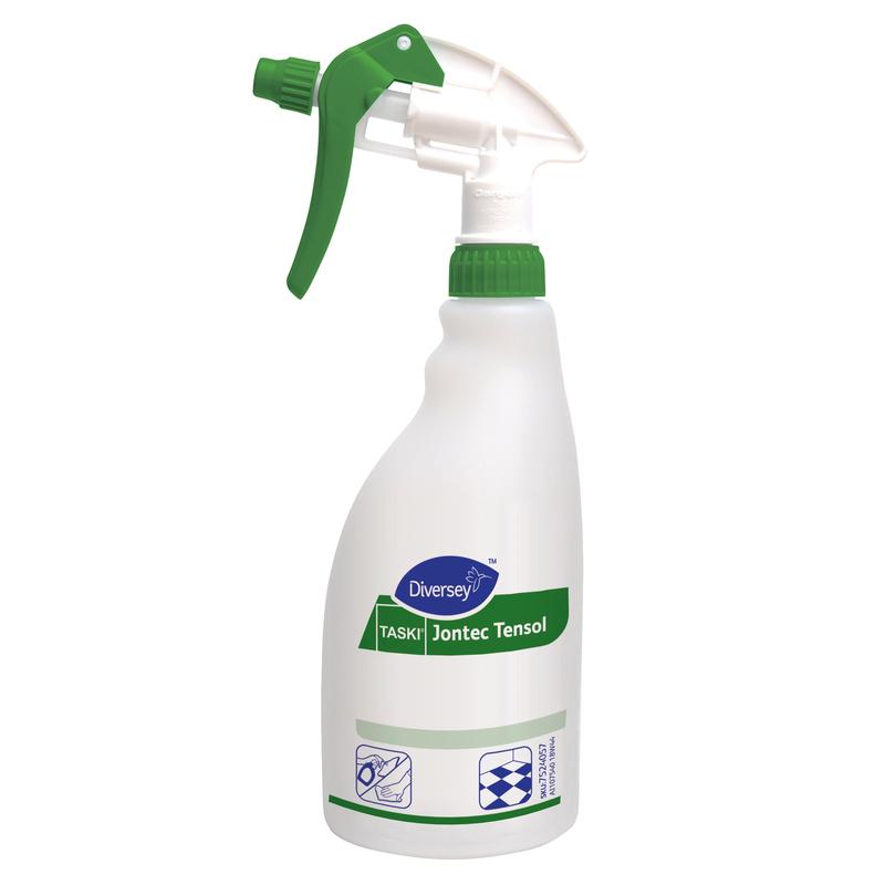 Eine weiße 0,5L Triggersprayflasche für Jontec Tensol von Diversey Deutschland GmbH & Co. OHG mit grünem Auslöser und Reinigungssymbolen, ideal für die effektive Reinigung von Hartböden.