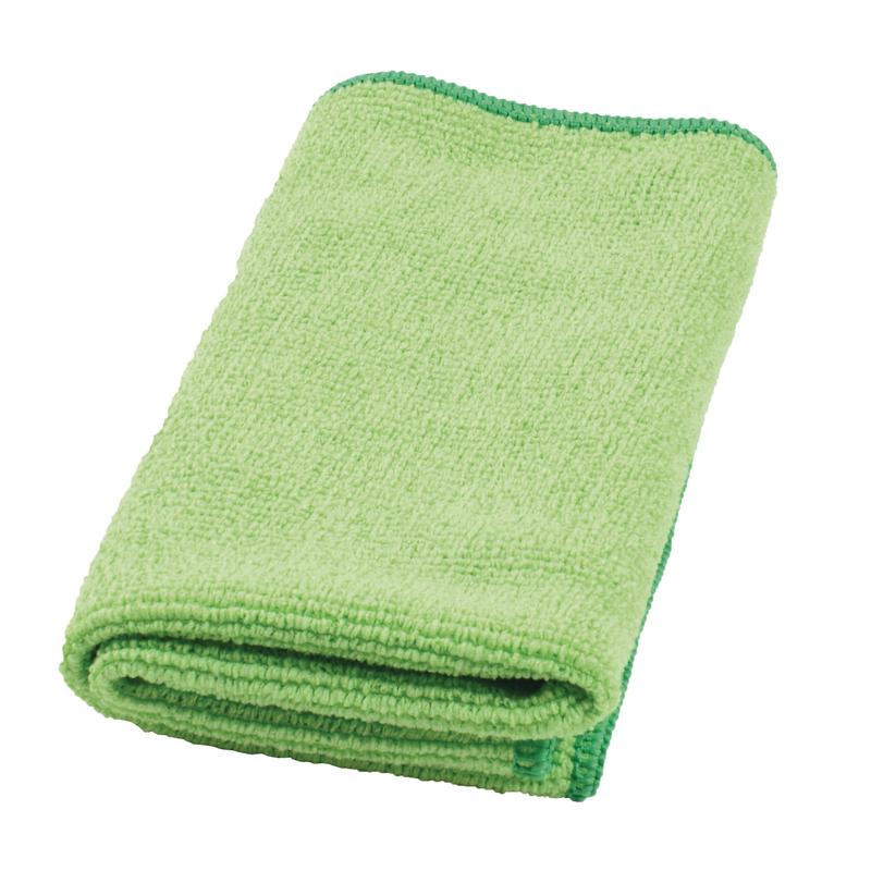 Ein gefaltetes hellgrünes TASKI MyMicro Microfasertuch (36 x 36 cm, Packung mit 20 Stück) von Diversey Deutschland GmbH & Co. OHG, mit dunklerem grünen Rand für Farbcodierungssysteme in Sprüh- und Feuchtreinigung, auf weißem Hintergrund.