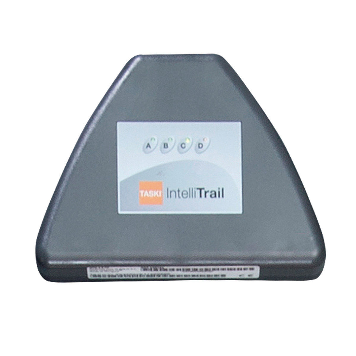 Eine schwarze dreieckige Diversey TASKI IntelliTrail Box mit Anzeigeleuchten (A-D) erscheint auf weißem Hintergrund und hebt das webbasierte GPS Flottenmanagement zur Echtzeit-Überwachung von TASKI- und non-TASKI Maschinen hervor.